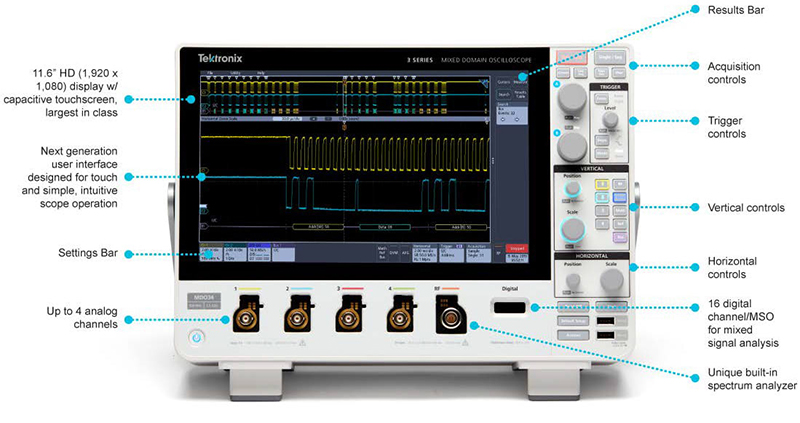 Tektronix MDO34/3-BW-200 Mixed Domain Oscilloscope, 4 CH, 200MHz, 2.5-5  GS/s, 10 Mpts, 3 Series MDO | TestEquity